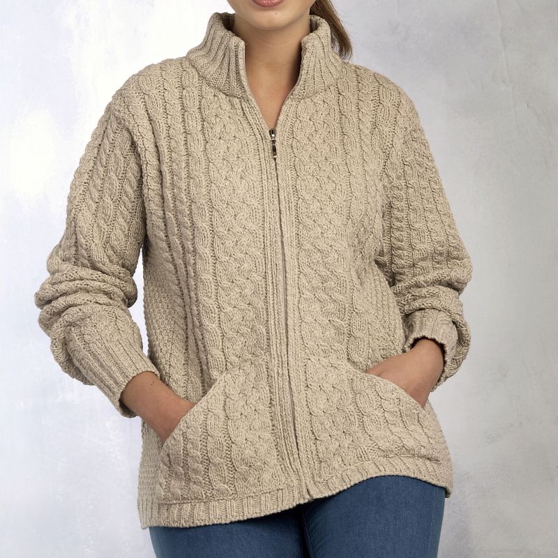Cardigan Irlandais pour femme, à torsades, fermeture zip, laine Merino extra douce