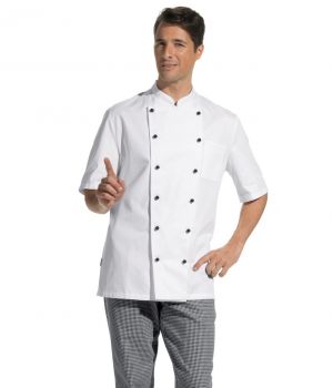 Veste de cuisine, manches courtes, 100% coton Mercerisé, sergé fin, Poche cousue sur poitrine