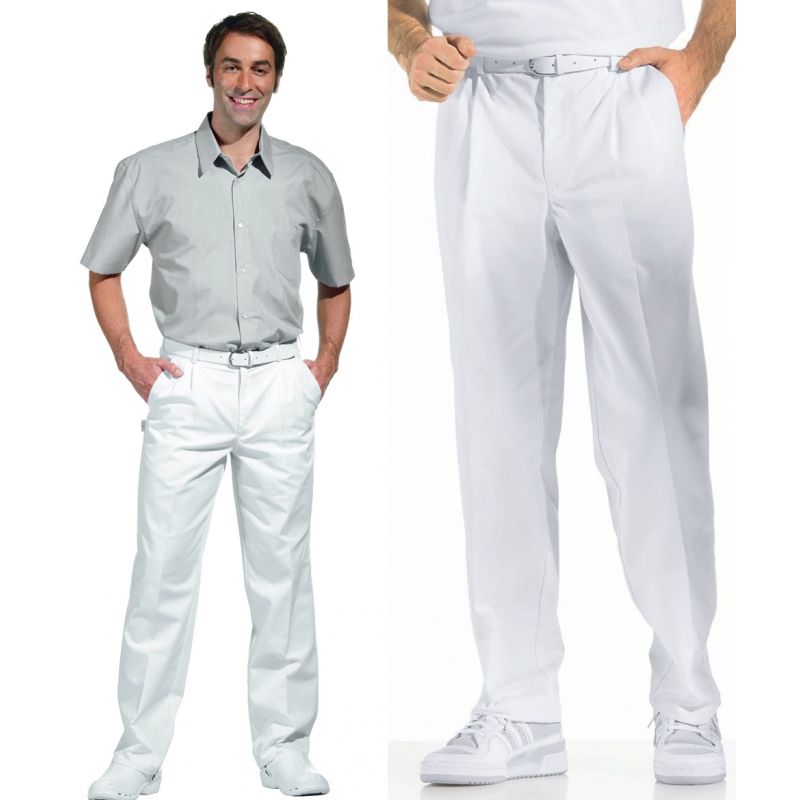 Pantalon Blanc Homme, 100% Coton, Peut Bouillir, Pinces