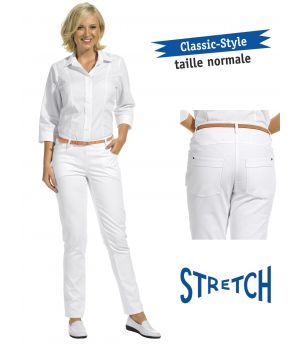 Pantalon blanc femme, coupe Jeans, tissu extensible Stretch, rivets