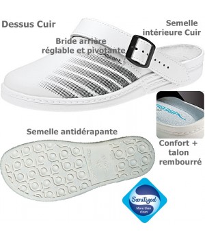 sabots professionnels, hôpital, Dessus et semelle intérieure cuir, blanc et gris