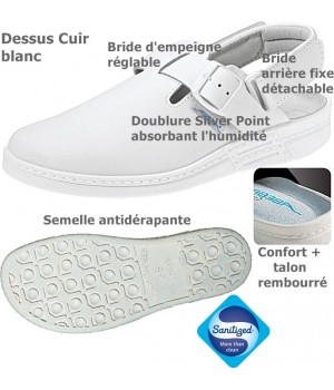 sabots professionnels, hôpital, Cuir blanc, Bride arrière fixe, détachable
