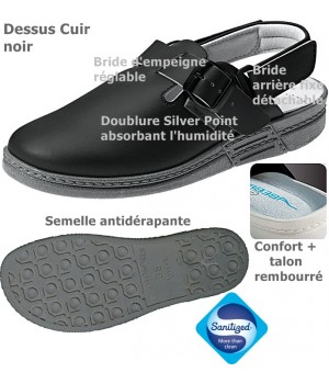 sabots professionnels, hôpital, Cuir noir, Bride arrière fixe, détachable