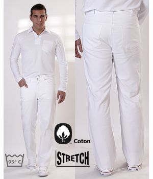 Pantalon blanc Jeans homme, 100% coton, 2 poches latérales, 2 poches arrière