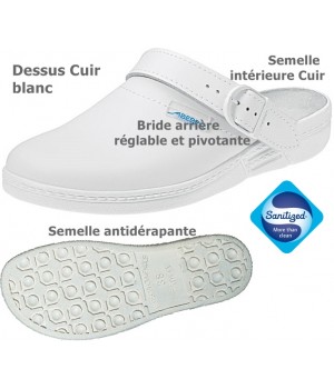Sabots professionnels, Dessus et semelle intérieure cuir, blanc, pointure 41.