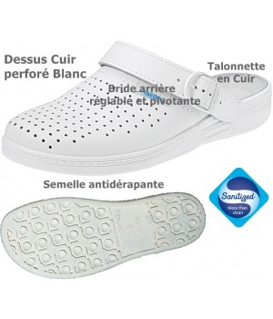 Sabots professionnels, cuir blanc, bout fermés, Semelle intérieure cuir, Dessus perforé