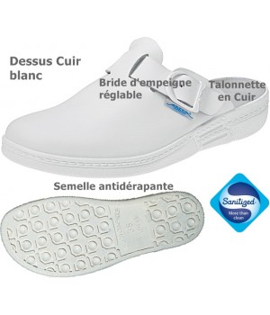 Sabot professionnel blanc, bout fermés, Dessus et semelle intérieure cuir