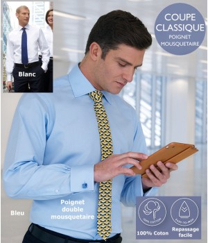 Chemise Manches longues, 100% Coton,  Poignet mousquetaire