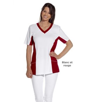Tunique médicale femme, Blanc et rouge, Taille XS, tissu piqué et tissé, confort.