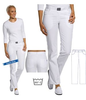Pantalon blanc femme, Taille élastiquée au dos, peut bouillir à 95°C