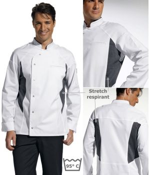 Veste de cuisine, stretch respirant au dos et au niveau des aisselles, blanc et gris