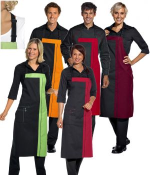 Tablier à bavette, Noir et Rose foncé, 2 poches avec surpiqûres contrastantes, Lien derrière la nuque.