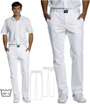 Pantalon blanc homme, satin de coton, peut bouillir à 95°C, sans pinces