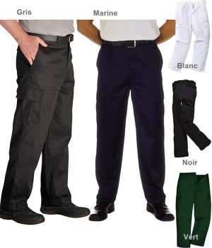 Pantalon de travail homme, polyester coton, nombreuses poches.