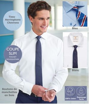 Chemise homme manches longues, Coupe Slim, Boutons de manchettes en soie