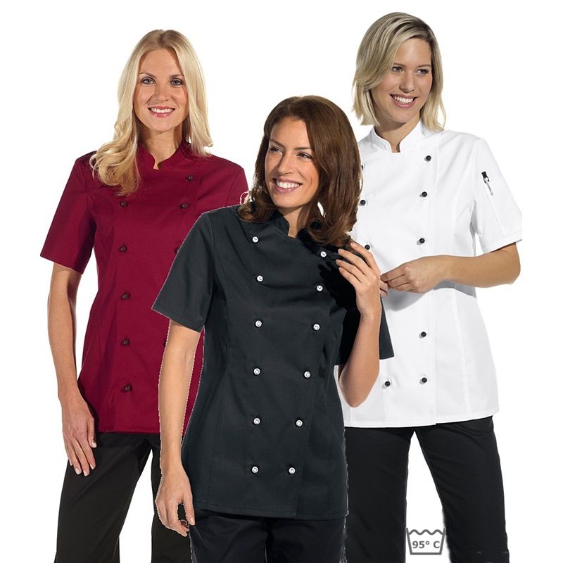 Veste de cuisine femme manches courtes, cintrée, poche sur la manche