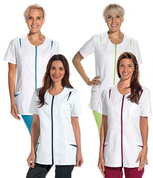 Blouse médicale courte pour femme, Blanc et turquoise, Taille 52, Fermeture à glissière.