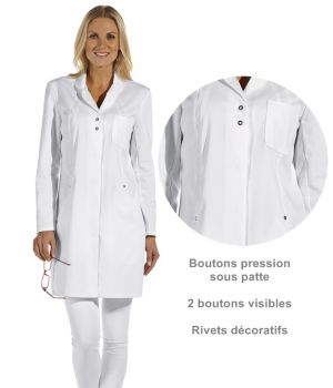 Blouse blanche médicale femme, Boutons pression sous patte, 2 boutons visibles