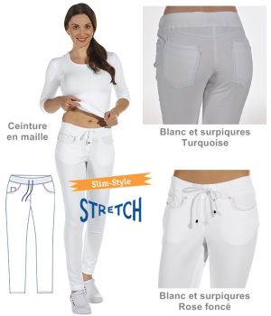 Pantalon blanc femme, Coupe slim, Surpiqures de couleur, cordon de serrage