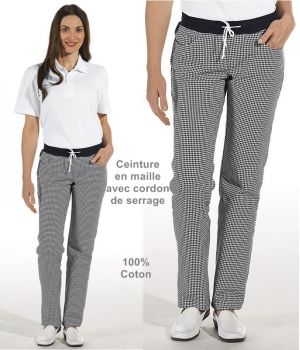 Pantalon de cuisine femme, Ceinture en maille, Noir et Blanc Pepita