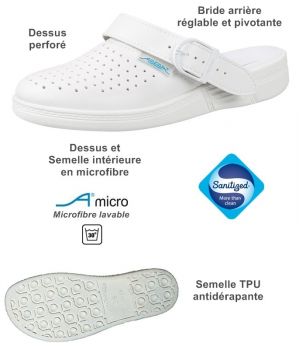 Sabots de travail, Microfibre blanche perforé, homme ou femme, Semelle TPU