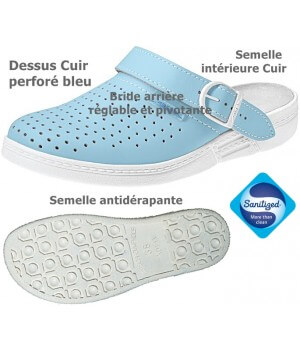 Sabots professionnels, Dessus et semelle intérieure cuir, Dessus perforé, Bleu ciel, pointure 37.