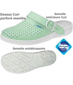 Sabots professionnels, Dessus et semelle intérieure cuir, Dessus perforé, Menthe