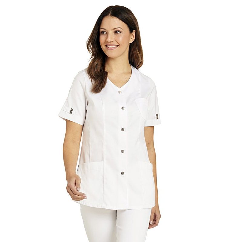 Tunique Médicale Kodama Blanche - Col V - 3 Poches - 65% Polyester/35% Coton - Pour Infirmières Et Esthéticiennes