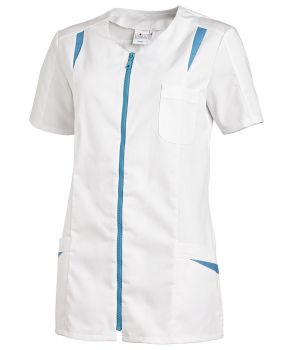 Blouse médicale courte pour femme, Blanc et turquoise, Taille 52, Fermeture à glissière.