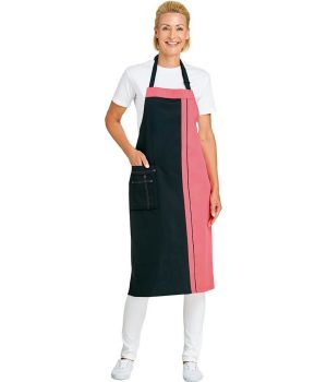 Tablier à bavette, Noir et Rose foncé, 2 poches avec surpiqûres contrastantes, Lien derrière la nuque.