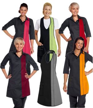 Tablier à bavette femme, Noir et rose foncé, Réglable par boutons pression.