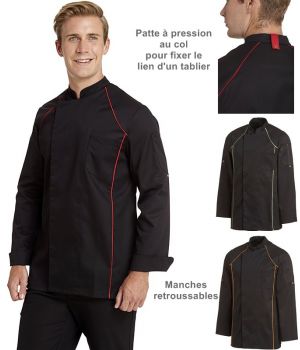 Veste de cuisine, Passepoil de couleur devant et derrière, Boutons pression