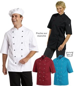 Veste de cuisine, manches courtes, poche sur la manche, rangées de 6 boutonnières