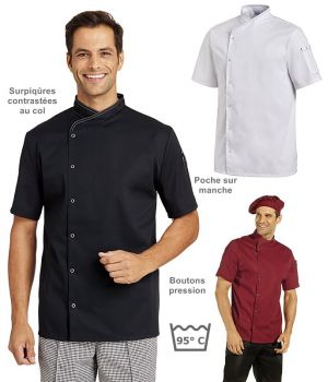 Veste de cuisine Manches courtes, Surpiqûres contrastées au col, Pression