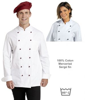 Veste de cuisine, 100% coton sergé fin, Poche poitrine, Larges manchettes à revers.