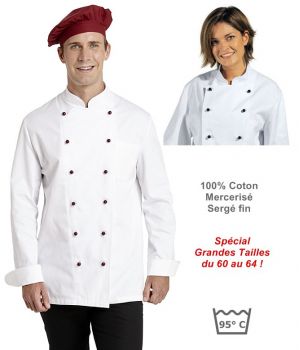 Veste de cuisine Grandes tailles, 100% coton sergé fin, Poche poitrine