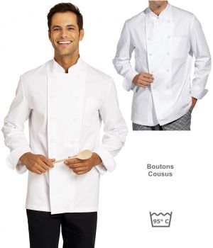 Veste de cuisine, Boutons blanc cousus, 100% coton sergé, Poche poitrine 