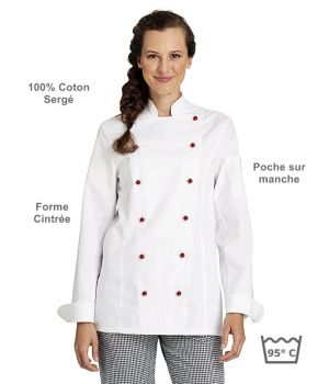 Veste de cuisine femme, manches longues,forme cintrée, coton sergé, peut bouillir