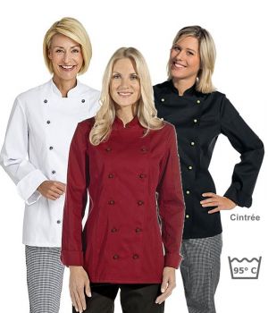 Veste de cuisine femme manches longues cintrée, poche sur la manche