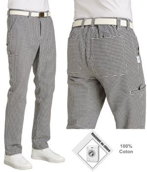 Pantalon de cuisine, Zone Stretch au niveau de la ceinture, Blanc et Noir pépita