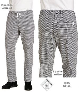 Pantalon de cuisine, Pépita, Homme ou Femme, Taille élastiquée, Poches