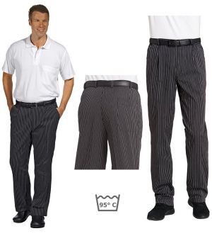 Pantalon de cuisine ou de service, fines rayures tissées, noir et blanc
