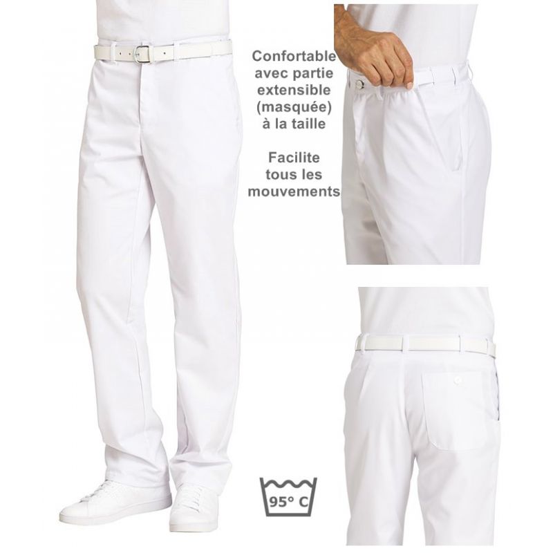 Pantalon Blanc Homme, 100% Coton, Peut Bouillir, Pinces