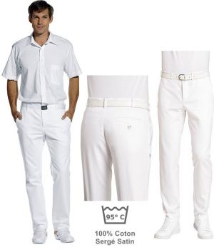 Pantalon blanc homme, satin de coton, peut bouillir à 95°C, sans pinces