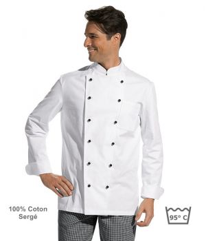 Veste de cuisine, manches longues, 100% coton, boutons boule