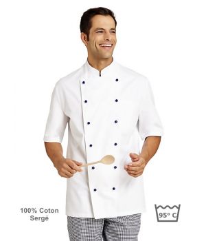 Veste de cuisine, manches courtes, 100% coton sergé fin, boutons boule