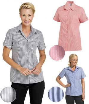 Chemisier femme, Bord de manche avec patte, tissu rayé, coutures de séparation