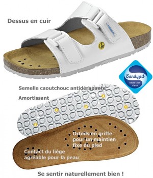 Chaussures de travail, Sandales confort, Dessus cuir, semelle intérieure liège, antidérapantes, Blanc