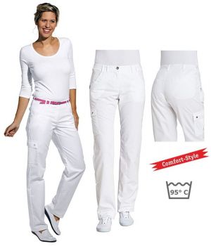 Pantalon blanc femme, 2 poches devant ornées, 2 poches arrière, confortable à la ceinture, peut bouillir