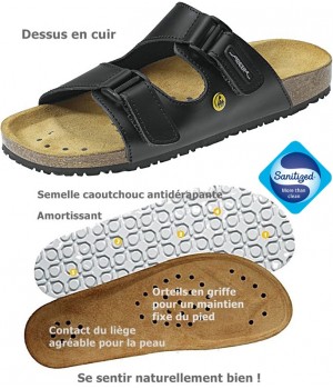 Chaussures de travail, Sandales confort, Dessus cuir, semelle intérieure liège, antidérapantes, noir